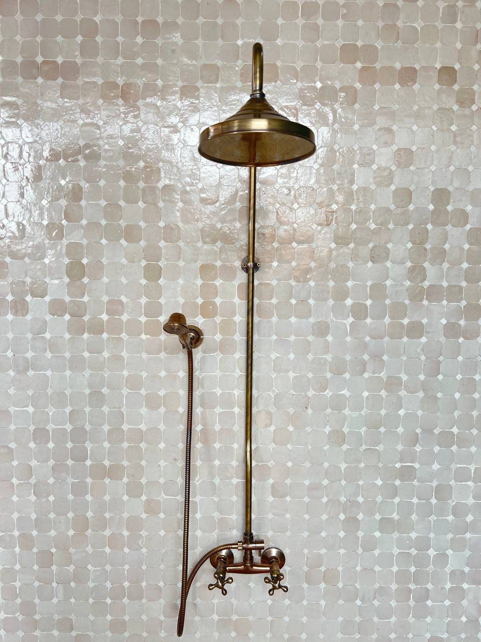 Antique Bronze Shower System – High Pressure Round Head in Solid Brass - bohoprime